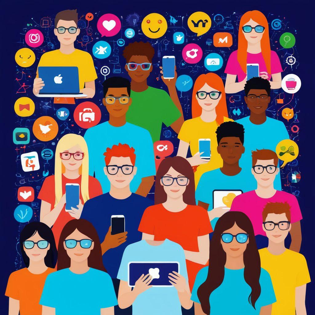 A vibrant collage showcasing diverse teens filming vlogs in various settings like homes, parks, and cafes, surrounded by digital icons representing social networks. Incorporate elements of interaction, such as comments and likes floating around. Use bright colors to evoke energy and creativity, and include visual representations of digital communities like emojis and hashtags. The style should be modern and dynamic, emphasizing the connection between youth culture and technology. vector art. vibrant colors.