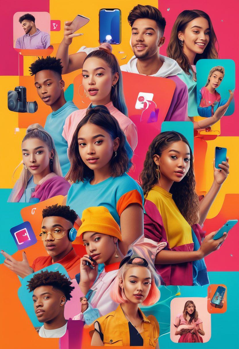 A dynamic collage of various short-form content platforms such as TikTok, Instagram Reels, and YouTube Shorts, featuring diverse lively young characters engaging with smartphones and tablets. Bright, energetic colors capturing the essence of youth and entertainment, with playful icons and symbols representing trends, dances, and memes swirling around. The background depicts an abstract cityscape symbolizing the digital age. vibrant colors. 3D effect.
