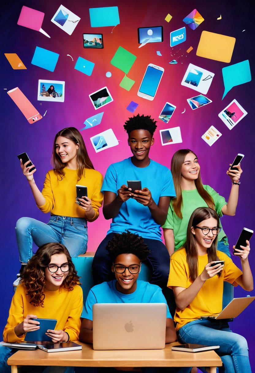 A vibrant scene depicting diverse teenagers engaging with their smartphones and laptops, surrounded by colorful video thumbnails and short-form content ideas floating in the air. Include elements symbolizing creativity, like cameras, editing tools, and social media icons. The atmosphere should exude excitement and innovation in digital storytelling. super-realistic. vibrant colors. energetic ambiance.